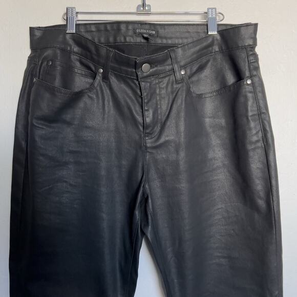 Eileen Fisher Pants Sz 14 Coated Denim Jeans Faux Leather Black Slim Stretch - Picture 1 of 8